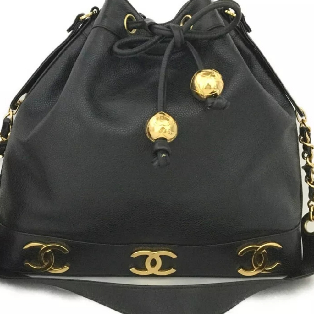 CHANEL Black Triple Coco CC Logo Cavier Leather Drawstring Shoulder Bag - Picture 2 of 12